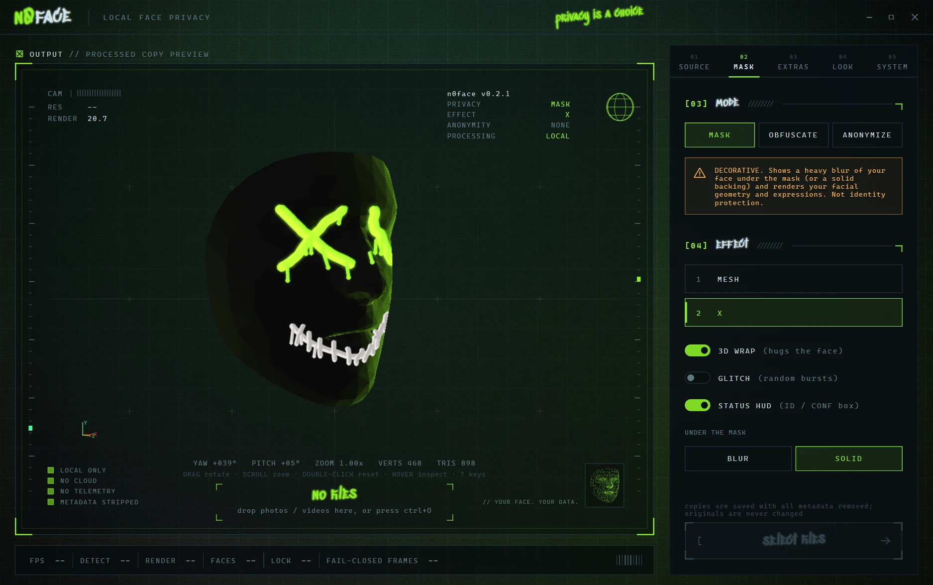 The n0face app on Windows: a 3D preview of the X face mask, with privacy mode and effect settings.