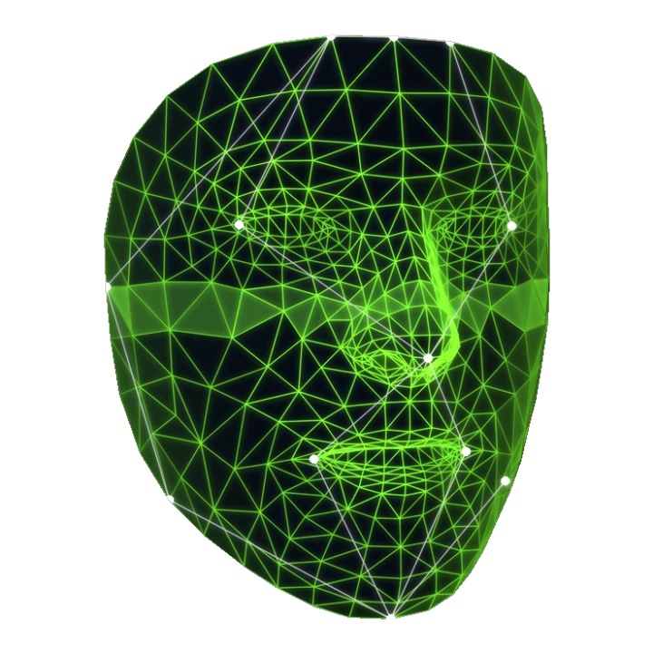 MESH webcam face mask: a glowing green 3D wireframe that follows your face.