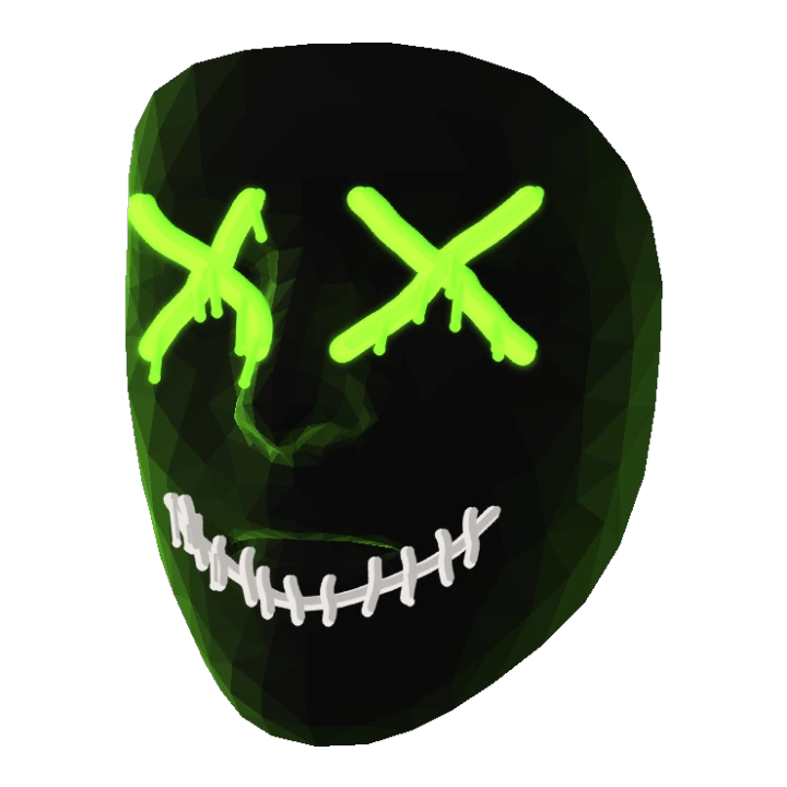 X face mask filter: a black purge-style mask with spray-painted X eyes and a stitched grin.
